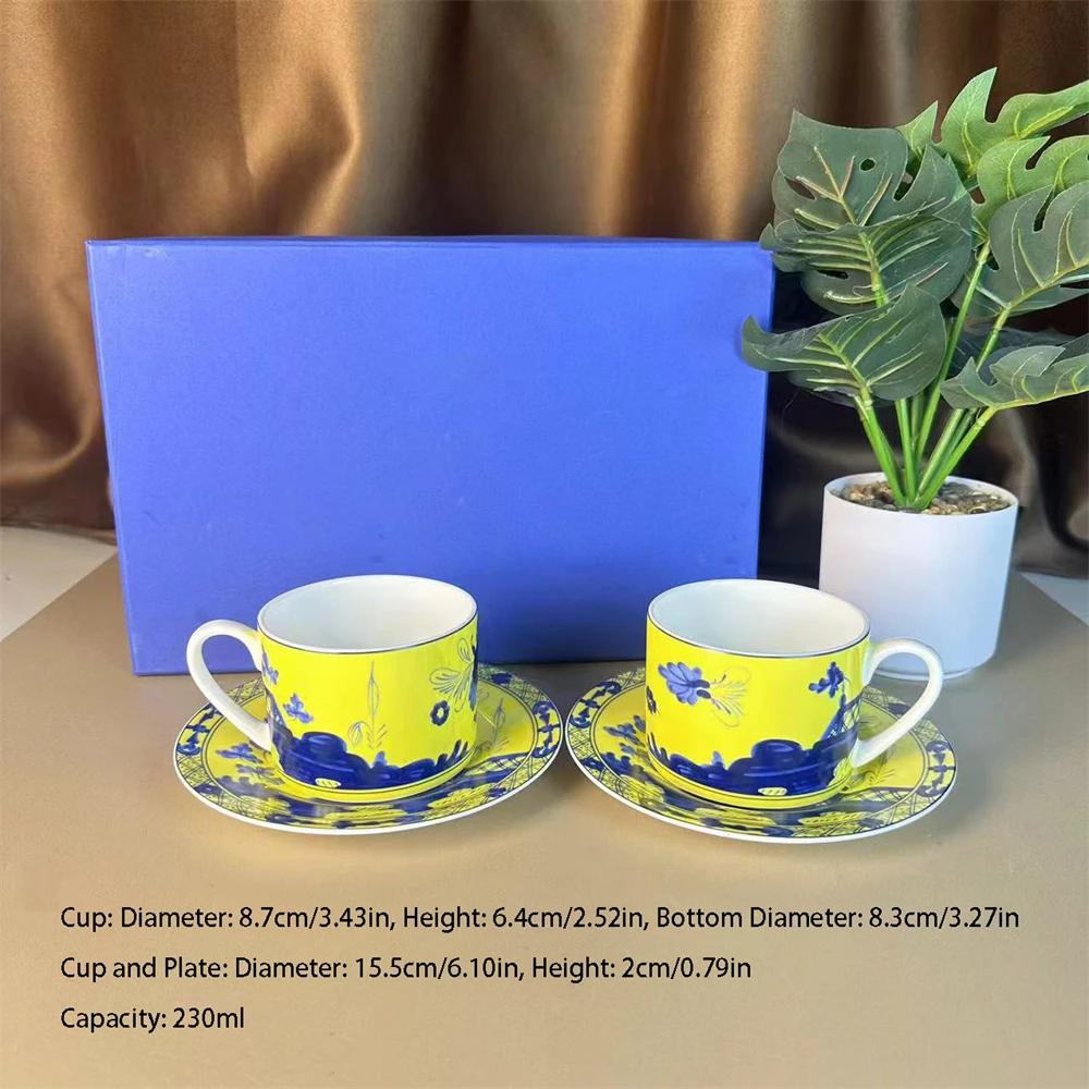 High-end Oriental Series Plate Coffee Cup And Saucer Mug Pink Purple Blue Printed Plate Cup And Saucer Suit Gift Box Tea Cup Set