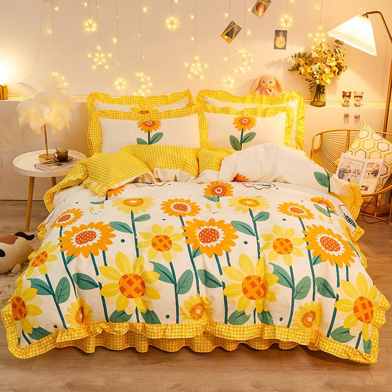 

Botanical Floral Duvet Cover With Ruffle Lace Pastoral Style Flowers Comforter Cover 3 Piece Microfiber Reversible Bedding Set Single 150x200cm