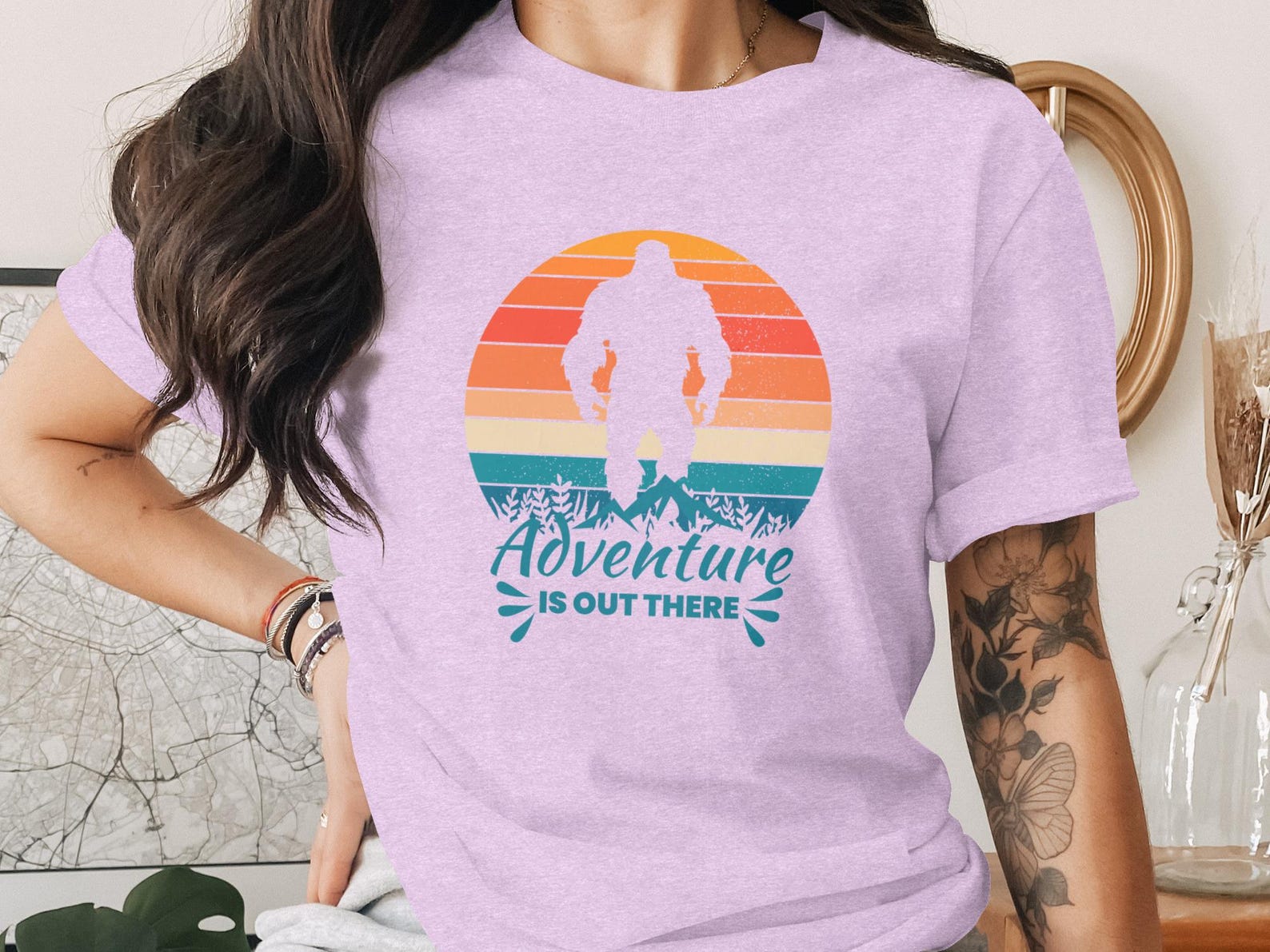 Bigfoot Adventure T-Shirt, Retro Sasquatch Sunset Camping Tee 2XL