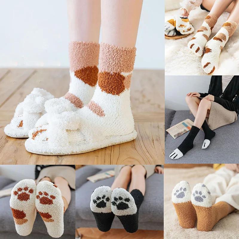 6 Pairs Woman Socks Set Cartoon Cute 3D Dog Cat Paw Pattern Winter Female Fleece Warm Home Floor Sleeping Thick Socks