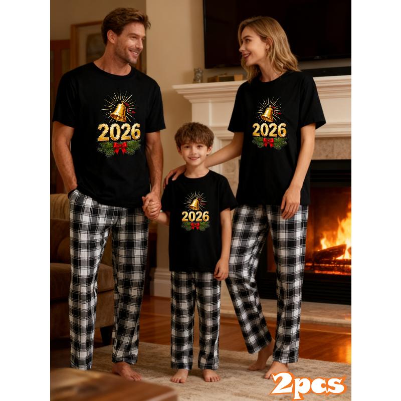 

2026 New Year Family Matching Holiday Set, Breathable Short Sleeve Tops & Vintage Checkered Trousers XXL чорний