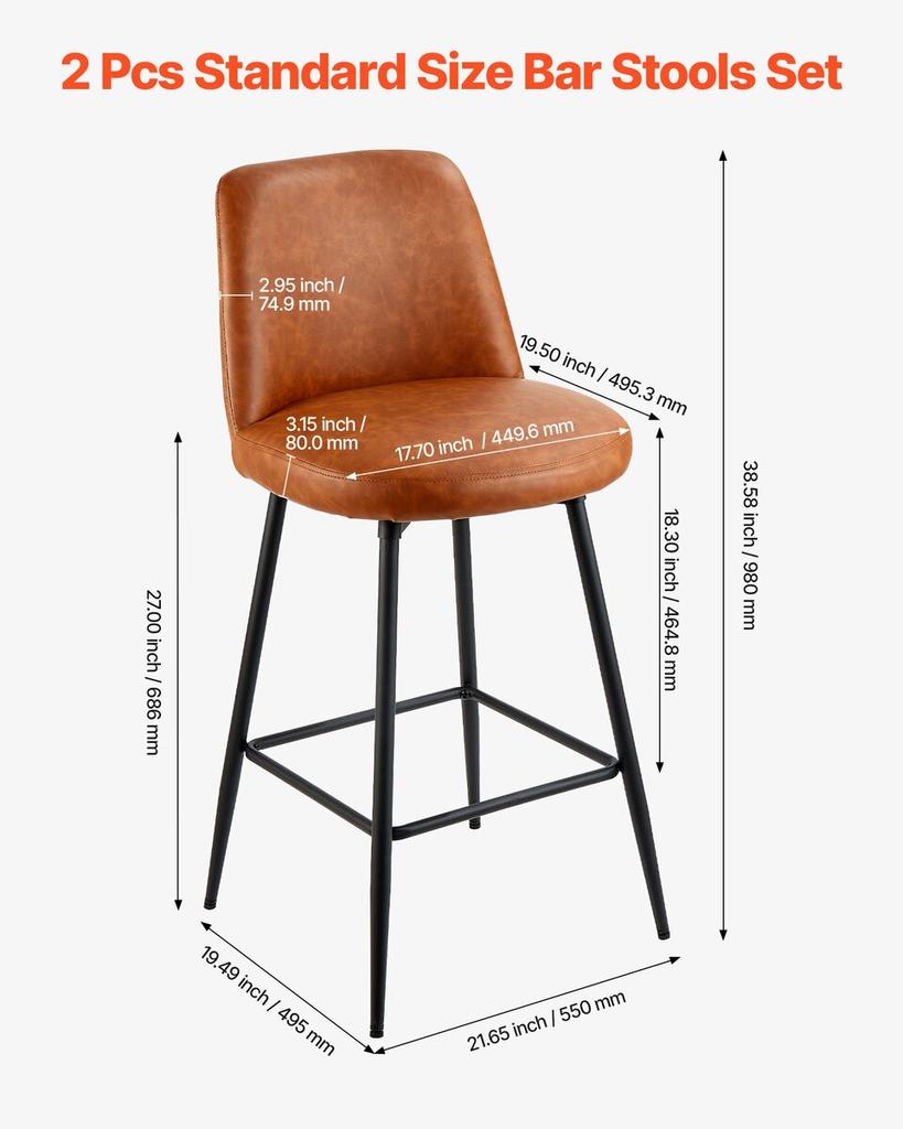 Bar Stool Set of 2, 69cm Counter Height Swivel Stools, Modern PU Leather Counter Barstool with Backrest and Metal Legs, Armless Bar Chair, Island