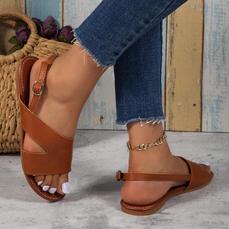 

Большие размеры плоские сандалии женские летние однотонные круглые с одним словом пряжка ремешок верхняя одежда повседневная женская обувь 36 светло-коричневого