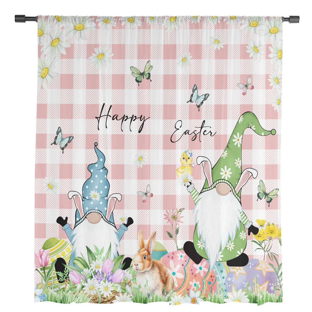 Ostergardinen Zwerge Eier Hase Gänseblümchen Tüllgardinen für Wohnzimmer Küche Transparente Voilegardine Schlafzimmer Fensterpaneele