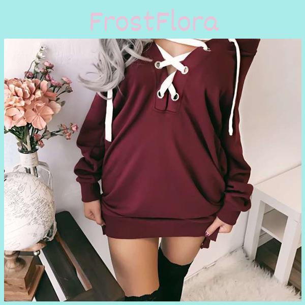 Women Sexy Lace Up Bandage Deep Off Shoulder Hoodies With Long Loose Pullover Sleeves