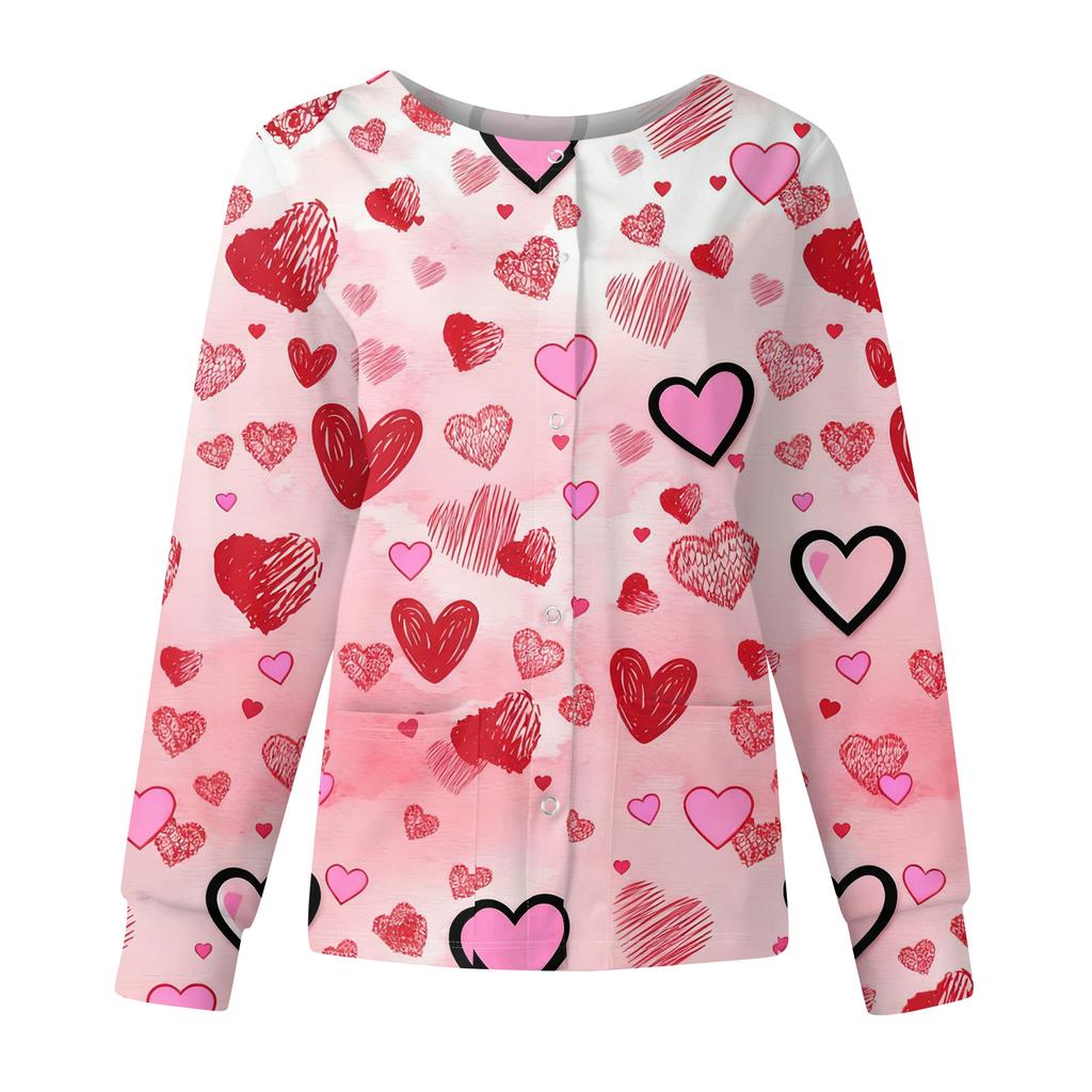 Women's Casual Fashion Long Sleeve Standing Collar Single Breasted Valentine's Day Print Workwear Jacket Tops