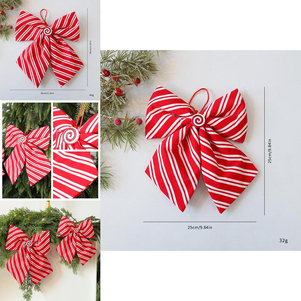 Red And White Diagonal Stripe Bow Pendant For Holiday Scene Decor