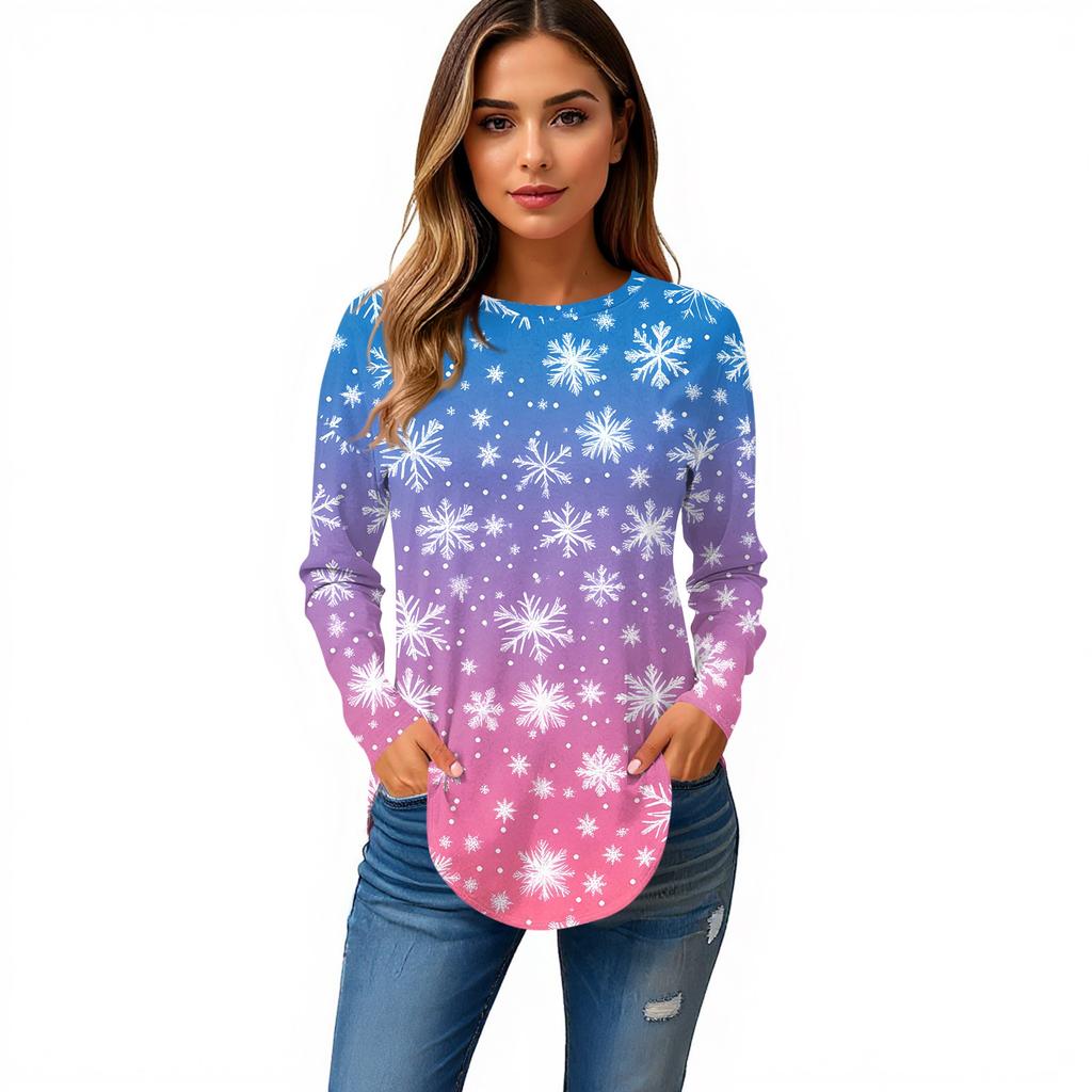 Damen T-Shirt mit Rundhalsausschnitt, Weihnachtsdruck, langärmelig