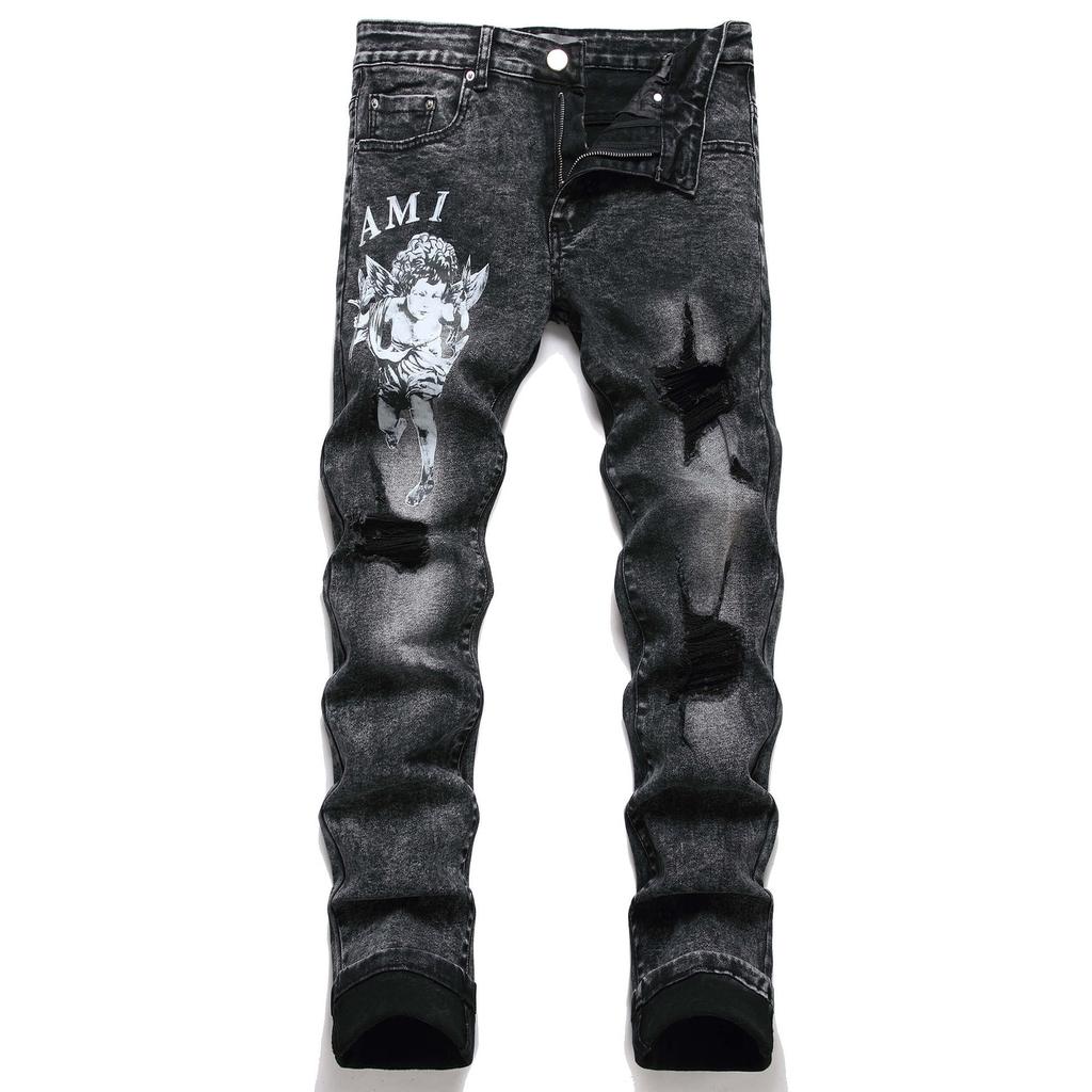 Schmale Stretch Schwarze Used Look Tägliche Bedruckte Graffiti Trendige Jugend Denim Jeans 3389