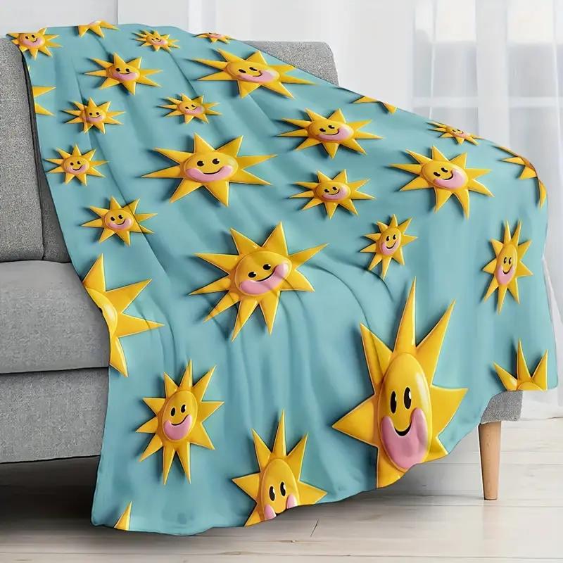 Cozy Sun Smiley Face Themed Flannel Blanket - For Sofa, Travel, Bed, Camping, Office, Decoration, Comfort and Warmth - Christmas