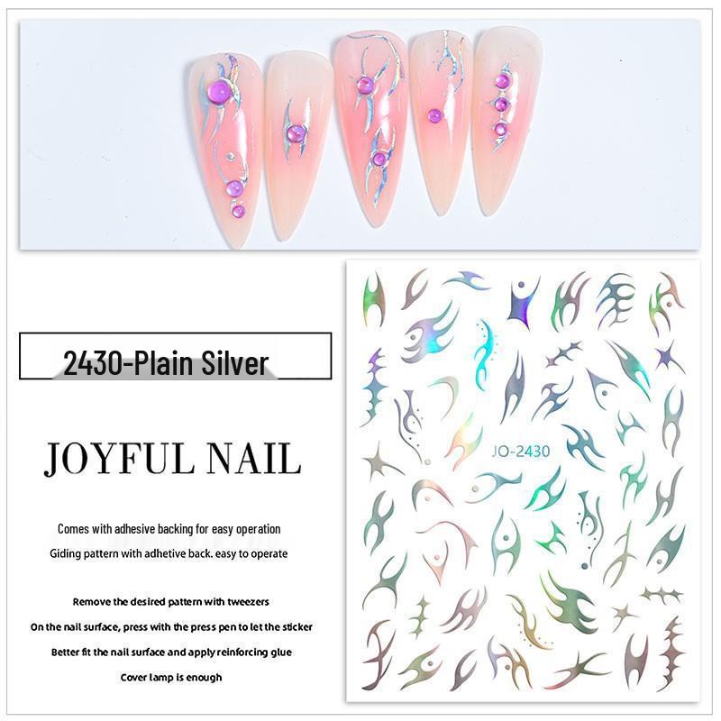 Samoprzylepne naklejki na paznokcie 3D tłoczone płomienie Aurora ciernie srebrny laser (2025)