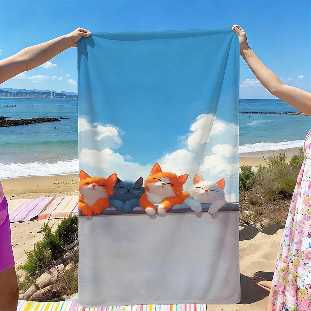 Cute cat cartoon pattern polyester microfiber beach towel is highly absorbent, suitable for swimming and beach outings