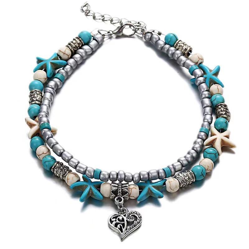 Vintage Turquoise Starfish Turtle Foot Ornaments Beach Layer Beaded Hollow Double Anklet for women Valentine's Day Gift