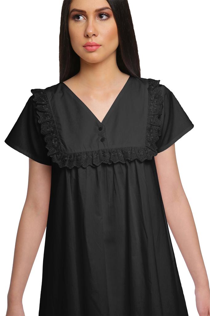 Moomaya Solid Short Sleeve Nightdress For Ladies Button Placket Nightwear