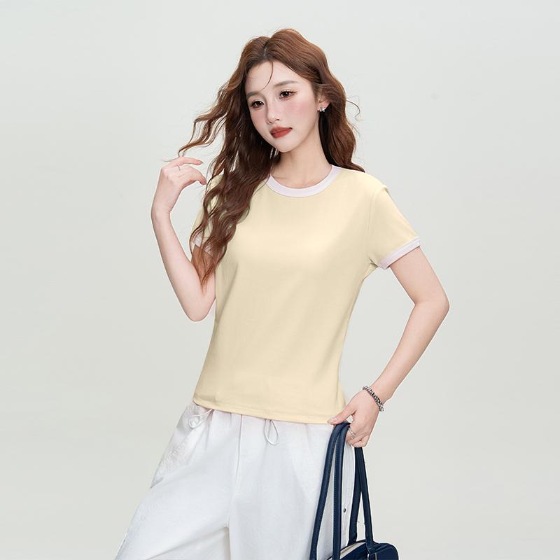 Baumwoll-Kurzarm-T-Shirt Damen Sommer Oberteil Schlankmachend Rechte Schulter Rundhals Slim Fit T-Shirt