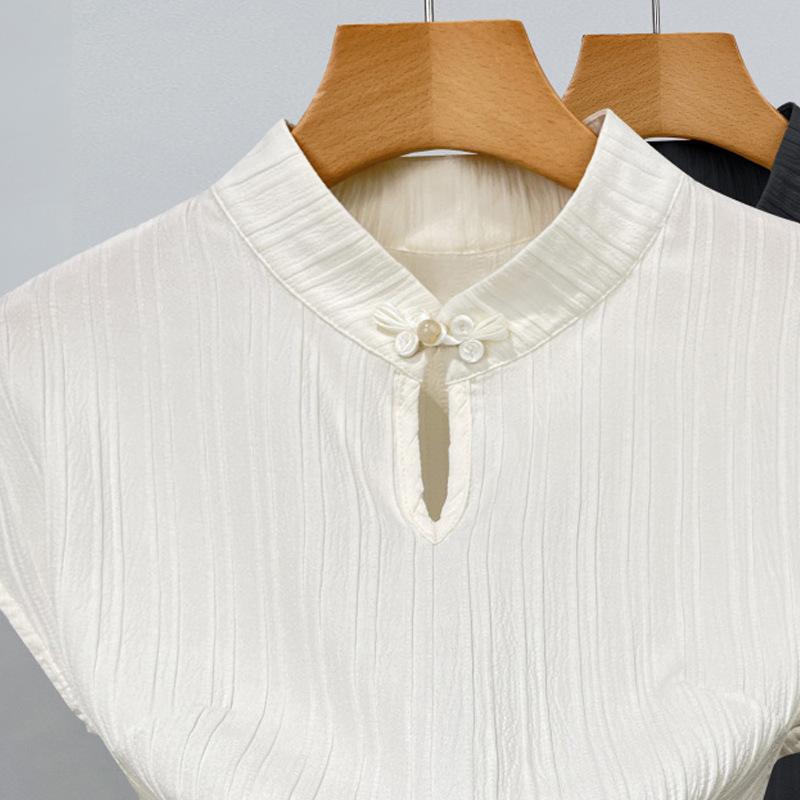 

Новая китайская плиссированная шифоновая рубашка для женщин, новый стиль, воротник-стойка, пуговицы, короткий рукав, футболка, дизайн, нишевая шифоновая рубашка XL