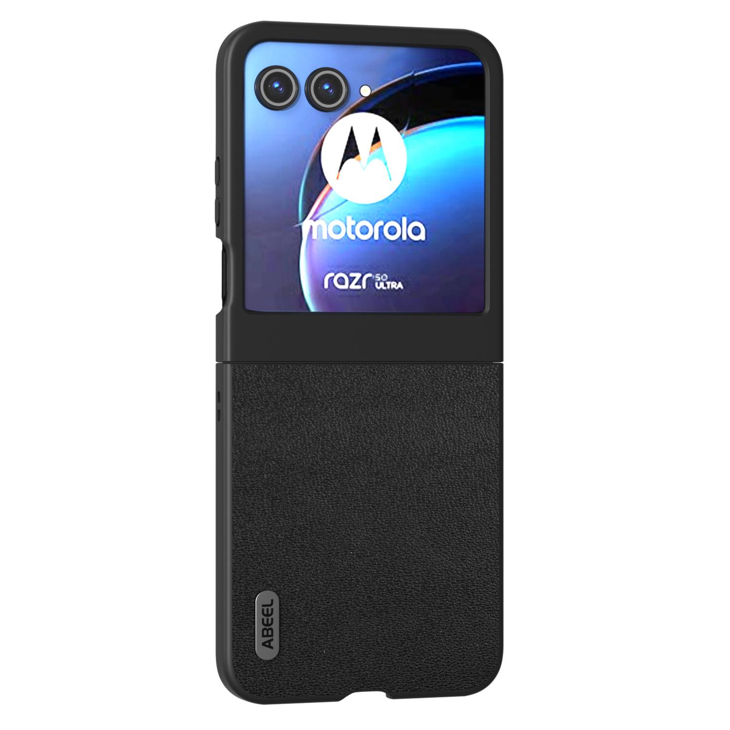 

ABEEL For Motorola Razr 50 5G Case Genuine Cow Leather Coated PC Phone Cover Black