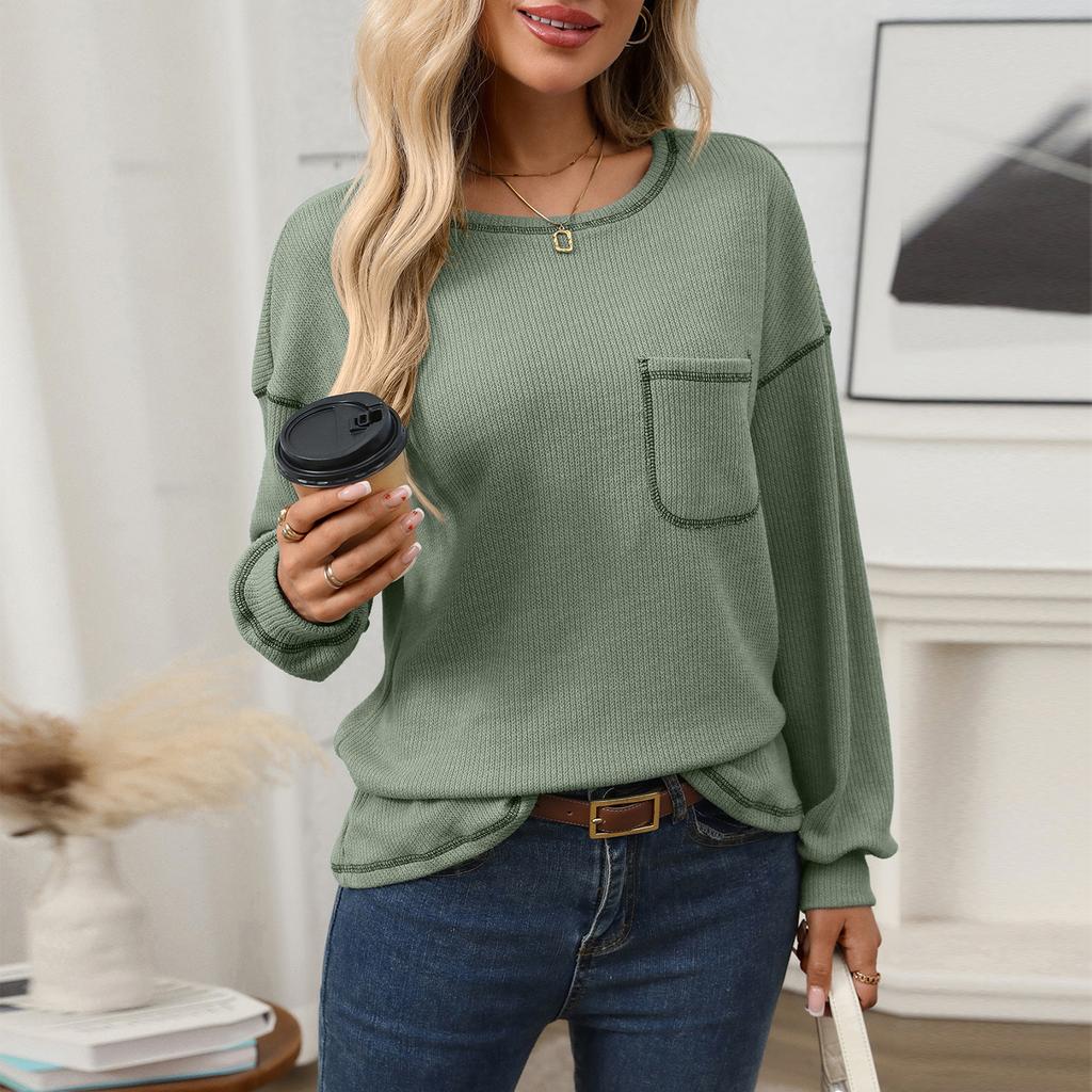 Women's Crewneck Sweatshirt with Pocket, Casual Loose Fit Long Sleeve Pullover