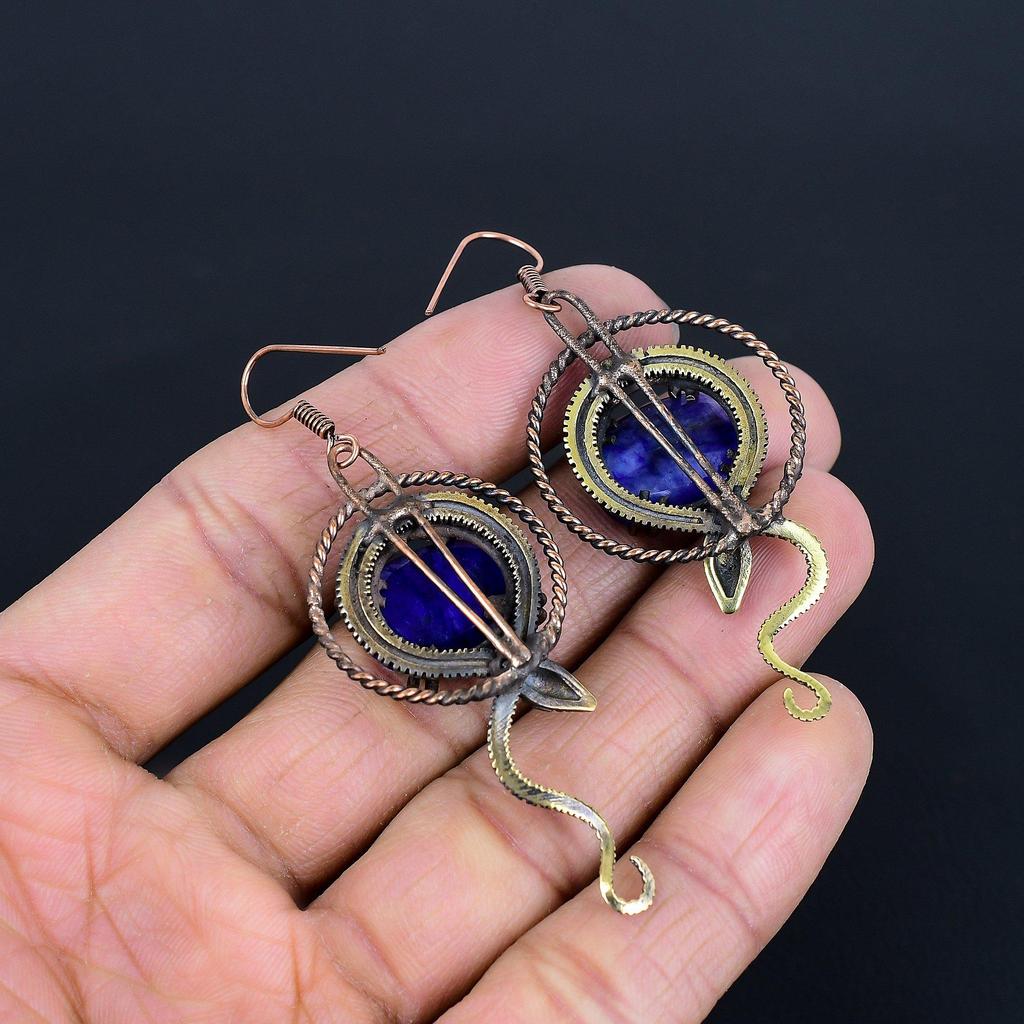 Blue Sapphire Earrings, Handmade Gemstone Earrings, 999 Copper Wire Wrapped Earrings Antique Jewelry, For Engagement Gift
