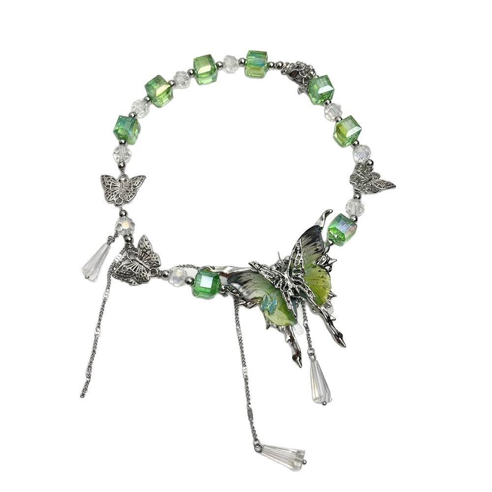 Sweet Rhinestone Butterfly Necklace Exaggerated Women's Choker Tassel Crystal Necklace  Party