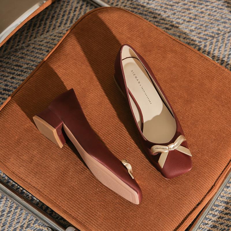 Square head thick heel temperament bow high heel versatile women's casual shoes middle heel comfortable women's shoes