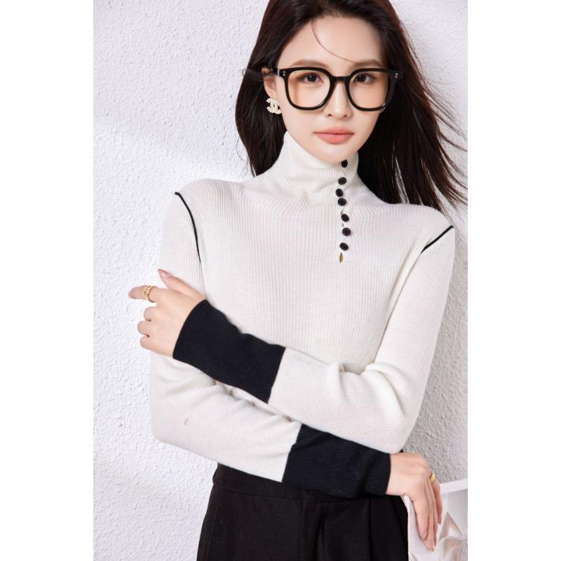 Autumn New Design Contrasting Color Splicing Turtleneck Knitted Sweater Silk Wool Blended Backing Inner Top