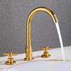 Schwarze Waschtischarmaturen Messing Poliertes Chrom Deckmontiert Badezimmer Waschbecken Armaturen 3 Löcher Doppelgriffe Warm- und Kaltwasserhahn Gold