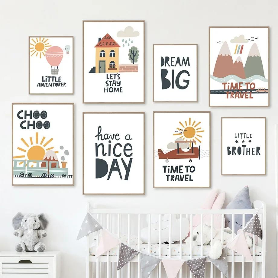 Mountain Sun Car Plane House Dream Nursery Wall Art Canvas Painting Nordic Posters And Prints Wall Pictures Baby Kids Room Decor