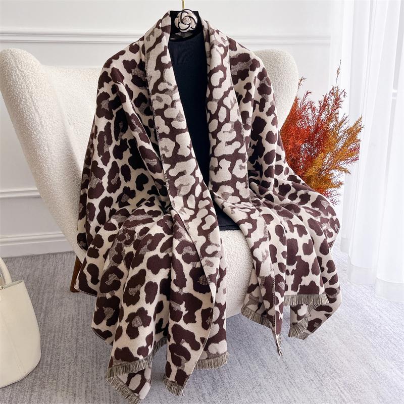 Tassel Blanket Leopard Print Thick Jacquard Pashmina Winter Warm Shawl Wrap Cashmere Scarf Women Neckerchief Poncho Stoles