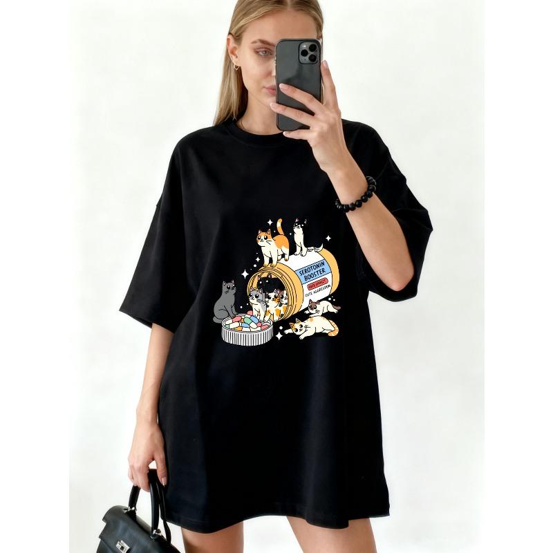 Oversized T Shirt Dress Black Cat And Pill Bottle Print Casual Streetwear For Women