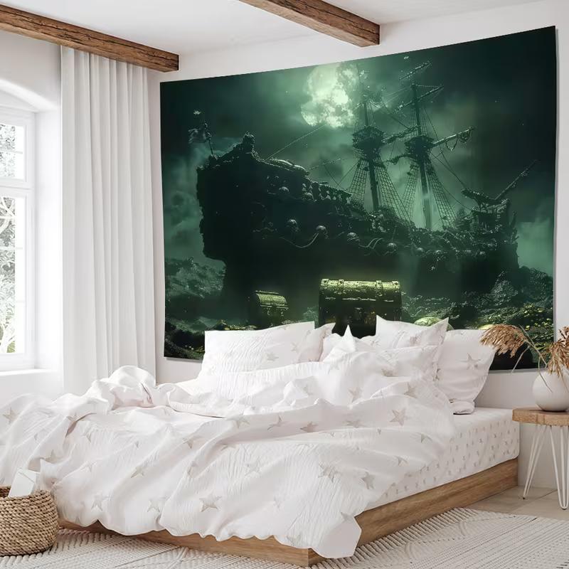 2D Piratenschatz Wandteppich, Dunkles Meer Geisterschiff & Mond Wandkunst für Heimdekoration