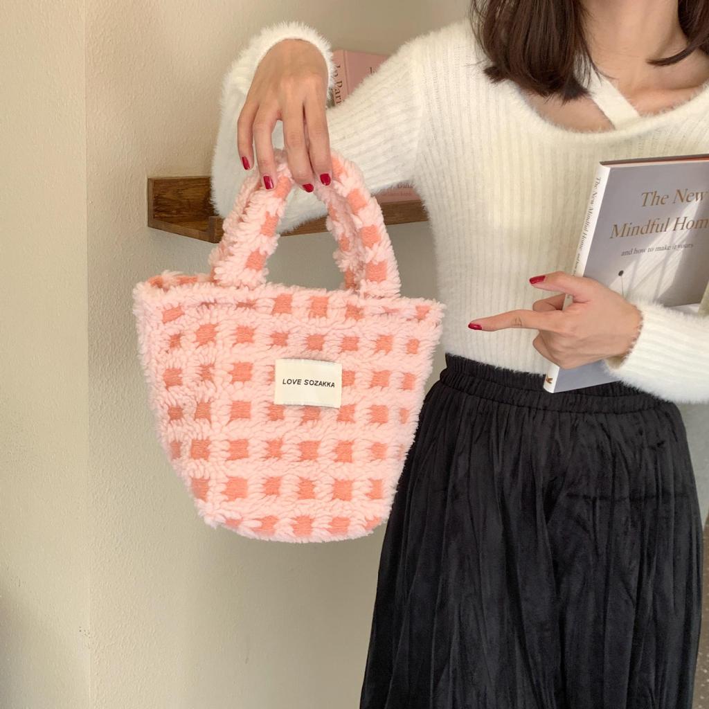 Jesienno-zimowa gofra z włosia jagnięcego Śliczna podręczna torba z grubej bawełny Damska przenośna torebka o dużej pojemności