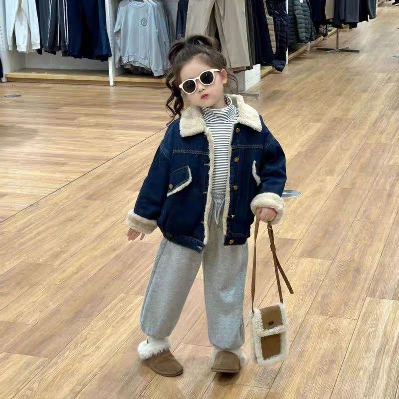 2024 Girls' Winter Fleece-Lined Denim Jacket & Pants Set