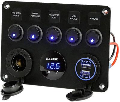 Panel spínačů Cherrytree, 5 pozic, Vodotěsný, Multifunkční námořní panel kolébkových spínačů, USB zásuvka, Duální