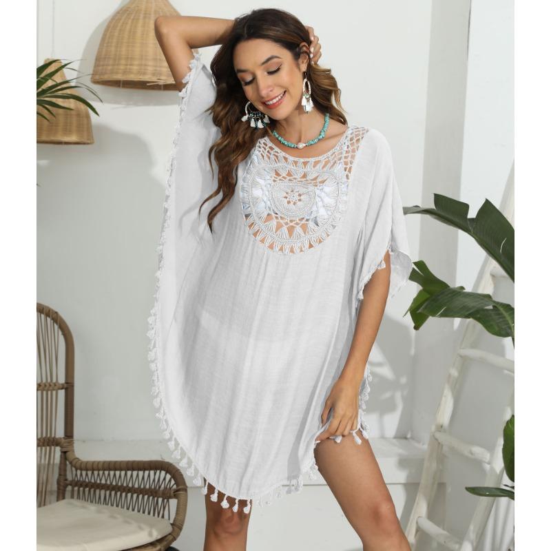 

Женское платье с рюшами больших размеров, связанное вручную крючком, в стиле пэчворк, с кисточками, пляжное бикини, накидки One Size