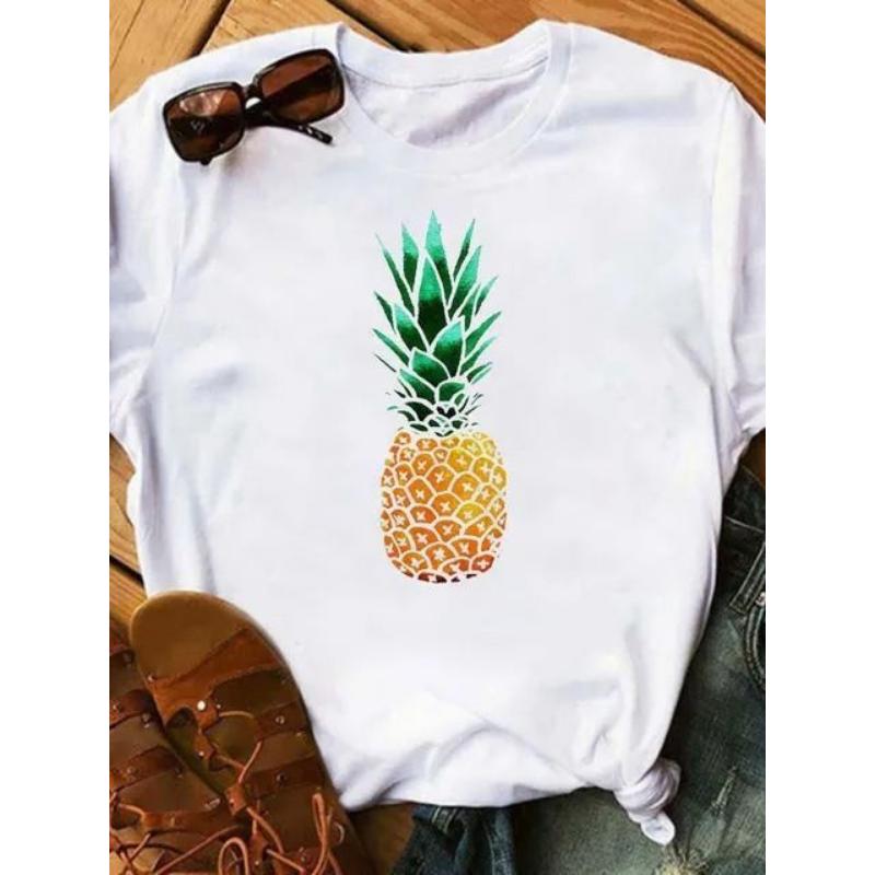 Maycaur Tricou noi pentru femei, Topuri imprimate cu ananas, tricou pentru femei, cu mânecă scurtă, cu decolteu O, tricou pentru femei, cămăși drăguțe de vară