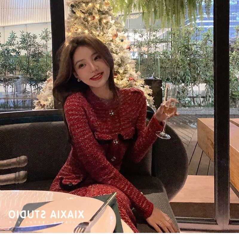 New winter light luxury celebrity temperament waist and thin round neck bottoming dress women's clothing