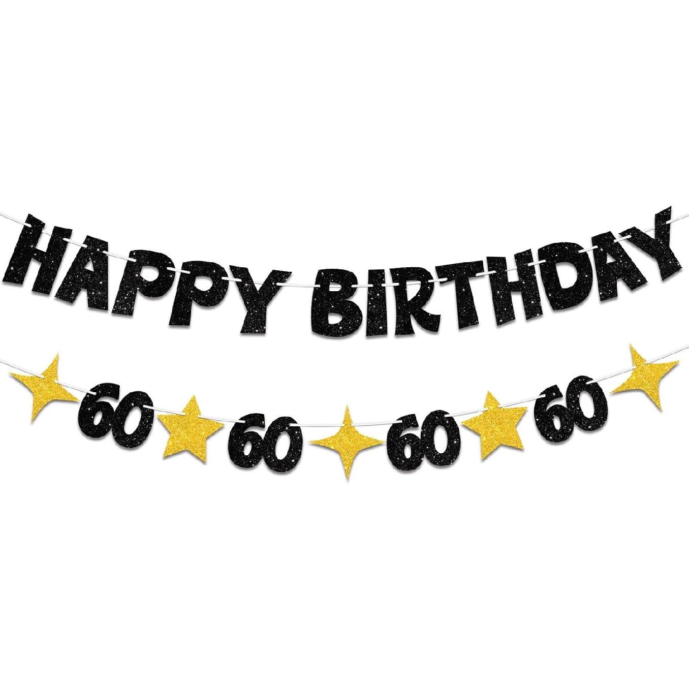 Happy 60th Birthday Banner for 60th Birthday Party Decorations Supplies,Glitter Black Gold Happy 60th Birthday Decorations for Men Women-60 th Bday