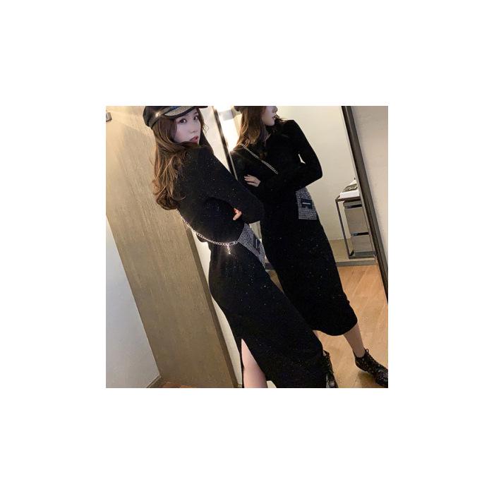 

2025 Elegant Slim-fit Shiny Black Midi Dress with Back Slit 2XL