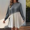 Women Long Sleeve A Line High Waist Pleated Color Block O Neck Long Dress Spring Summer