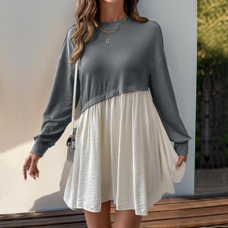 Women Long Sleeve A Line High Waist Pleated Color Block O Neck Long Dress Spring Summer