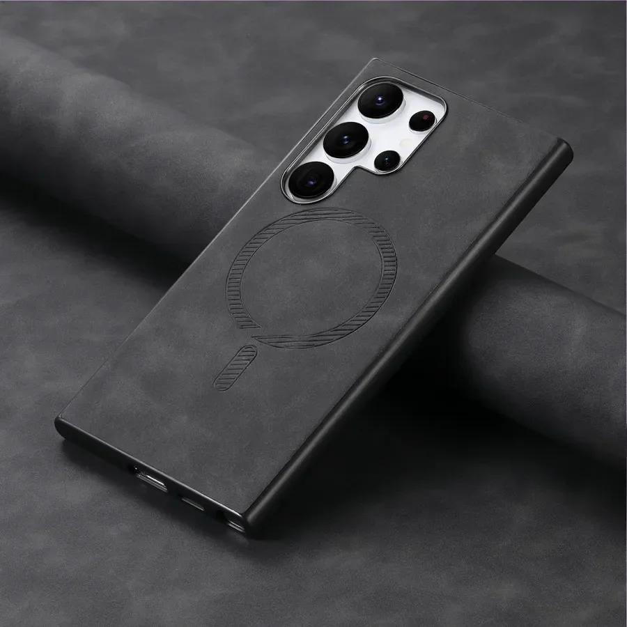 Pouzdro pro Samsung Galaxy S24 Ultra S23 Plus S23FE Kryt pro Magsafe Magnetic Luxury Plain Leather Wireless Charging Shell pro Samsung S24+