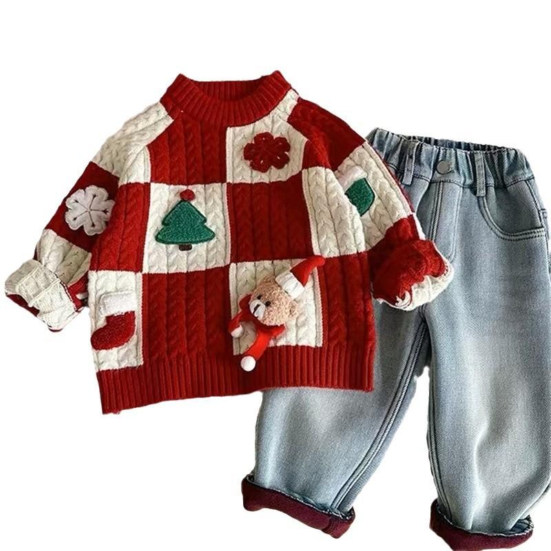 Kids Winter Thick Red Knit Sweater with Bear Print for Boys and Girls Christmas Holiday