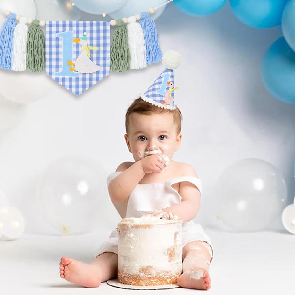 1st Birthday Highchair Banner Goose Theme Blue Ginghams Tassel Banner Hat Photo Prop for Boy Girls Birthday Party Decorations