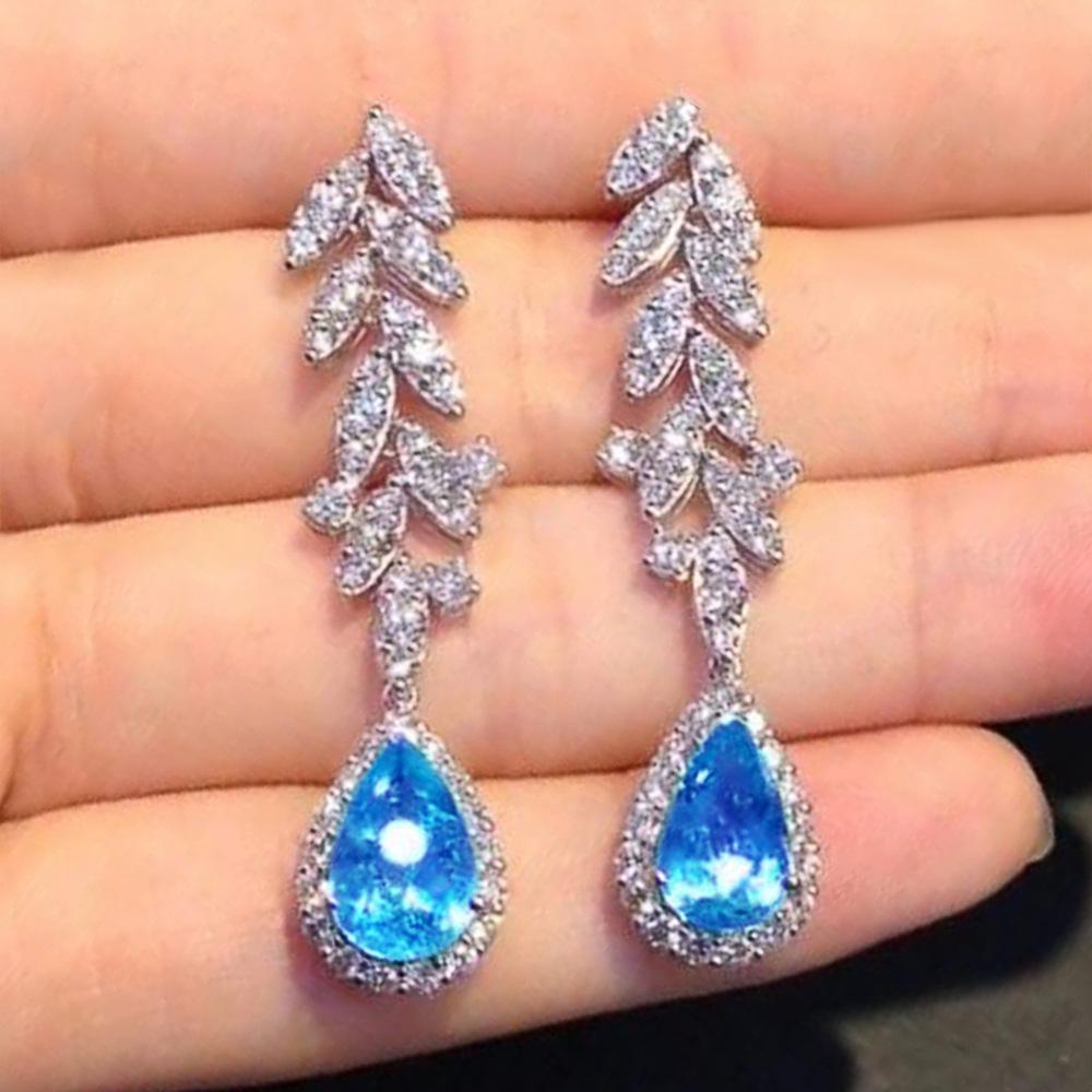 Sweet And Luxurious Jewelry, European And American Sparkling Personality, Bride'S Wedding, Blue Zircon Earrings