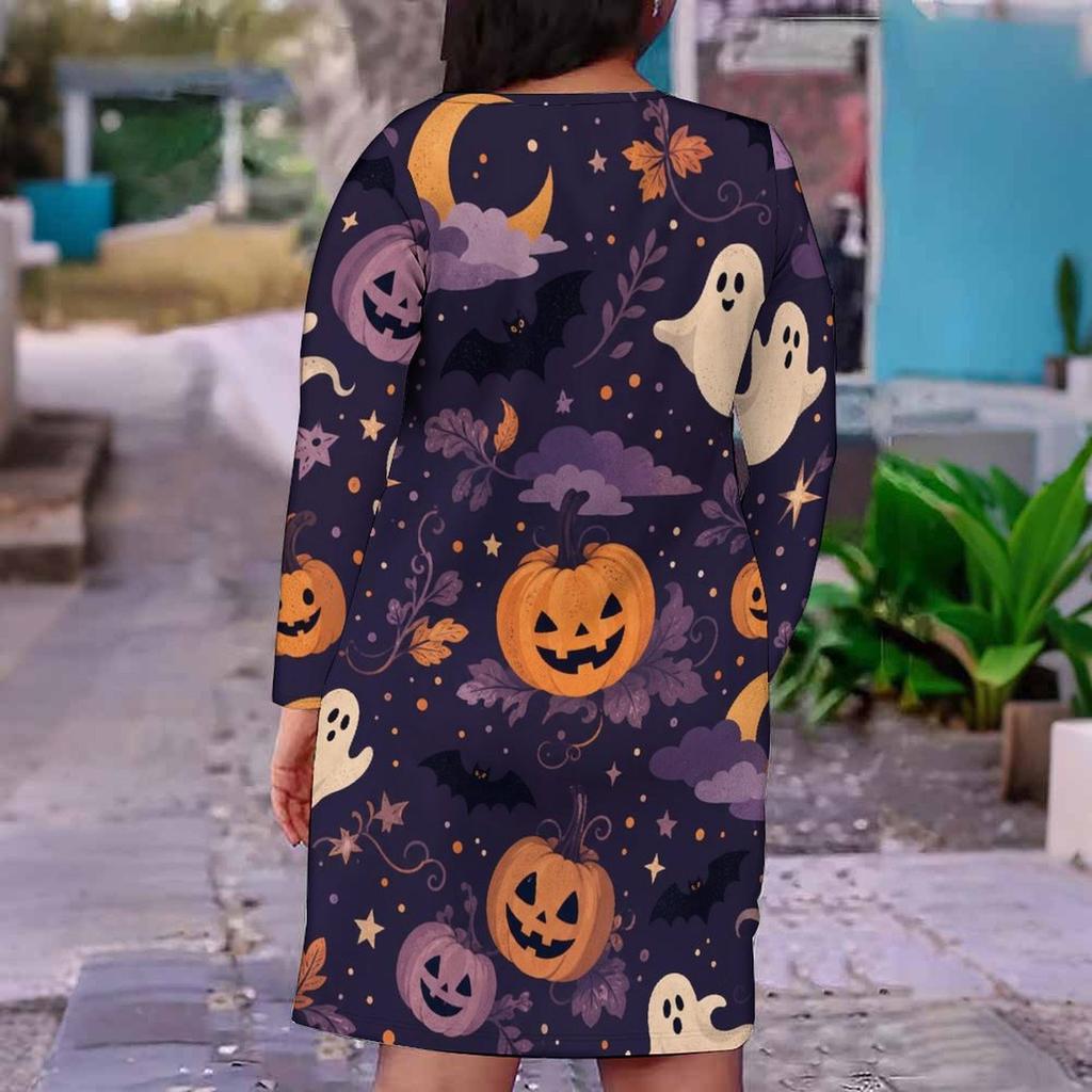 Women Plus Size Dark Purple Halloween Printed V Neck Long Sleeve Fitted Midi Dress