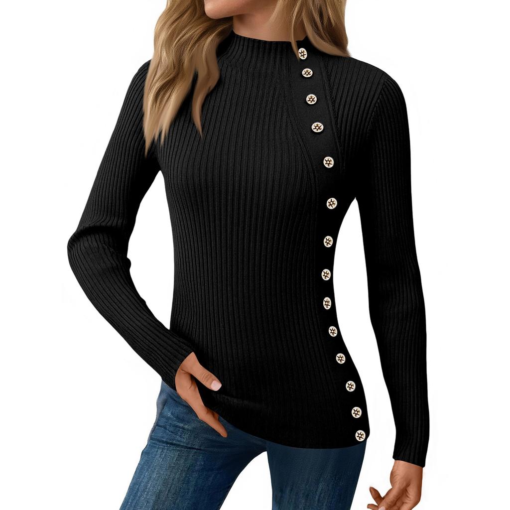 Women's Casual Solid Color Slim Button Knit Sweater Long Sleeved Base Sweater Sweater