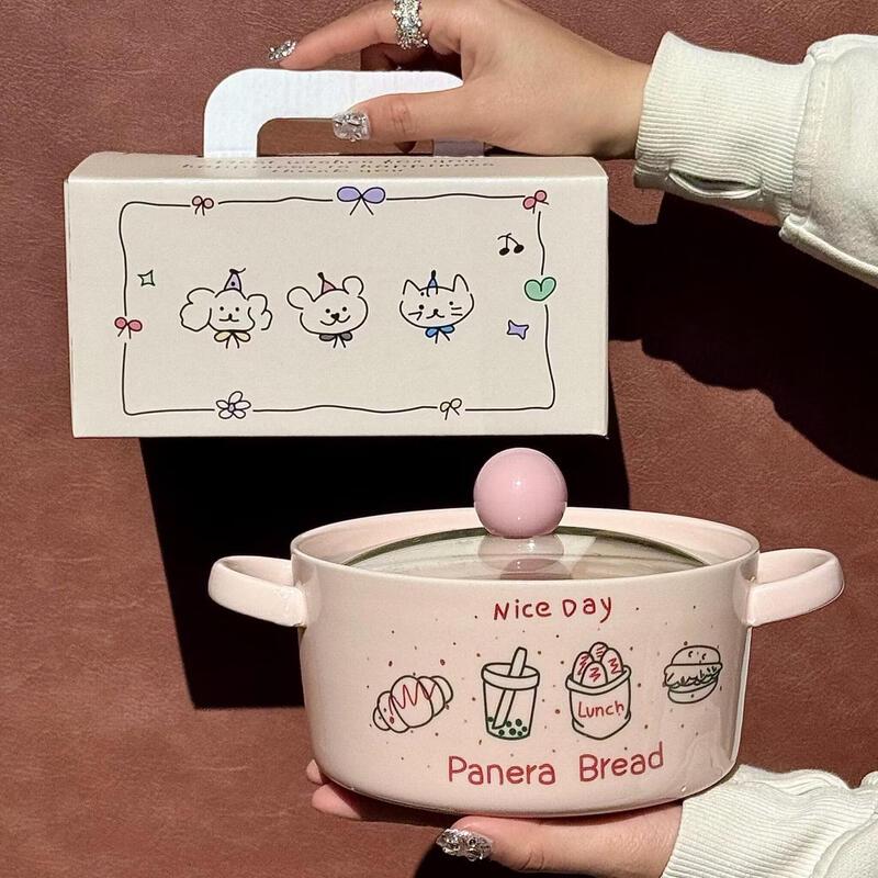 Cute Ceramic Double-Ear Noodle Bowl with Lid