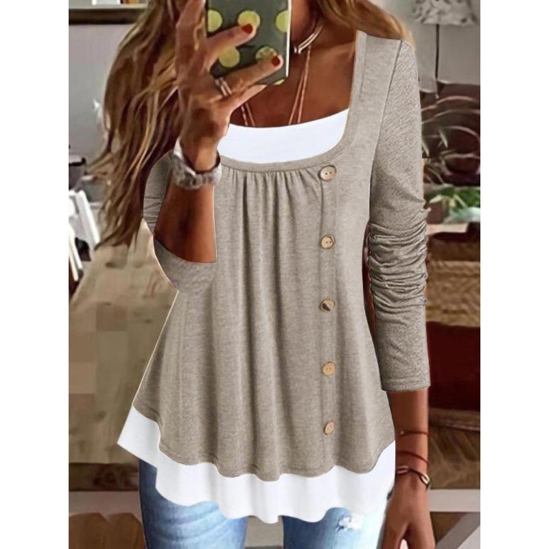 JPNTKY Women's Fashion Casual Long Sleeve U-Neck Blouses & Shirts