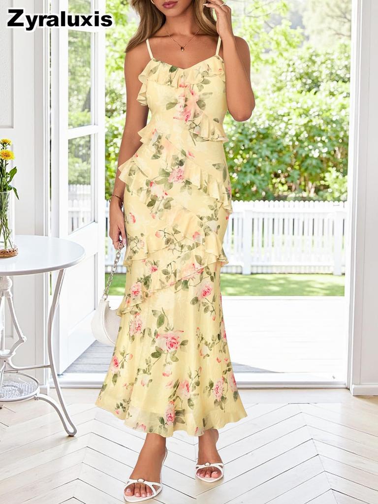 New Women's Summer Beach Floral Ruffled Bodycon Evening Dress with Peony Long Skirt